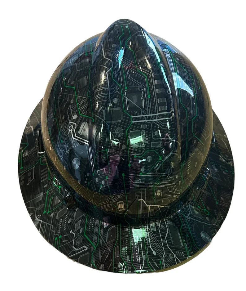 Custom Hard Hat MSA Full Brim Chrome Circuit Board