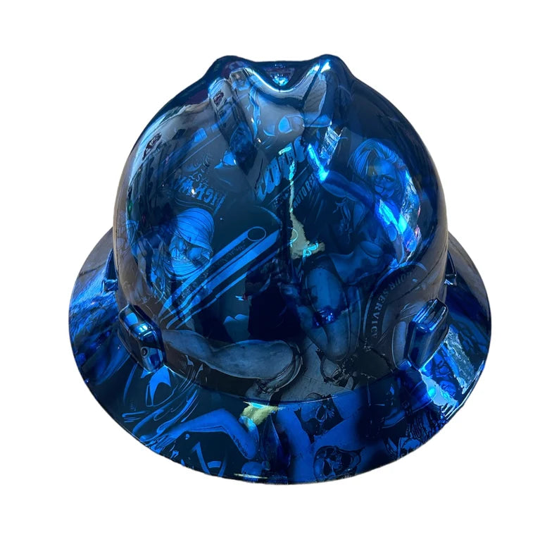 Custom Hard Hat MSA Full Brim Chrome Kandy Blue Naughty Boy