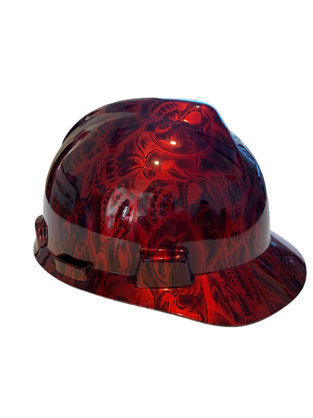 Hard Hat MSA Cap Style Custom Hydro Dipped Kandy Red Negative Insanity Skulls