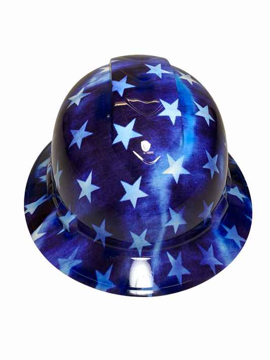 Custom Hydro Dipped Hard Hat Ridgeline Full Brim Blue and White Stars