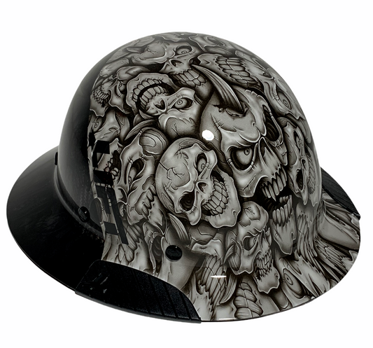 Black and White Insanity Skulls Lift DAX Fifty 50 Carbon Fiber Full Brim Hard Hat