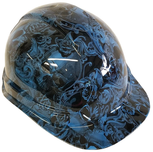 Hydro Dipped Hard Hat Ridgeline Cap Style Custom Light Blue Filigree Skulls