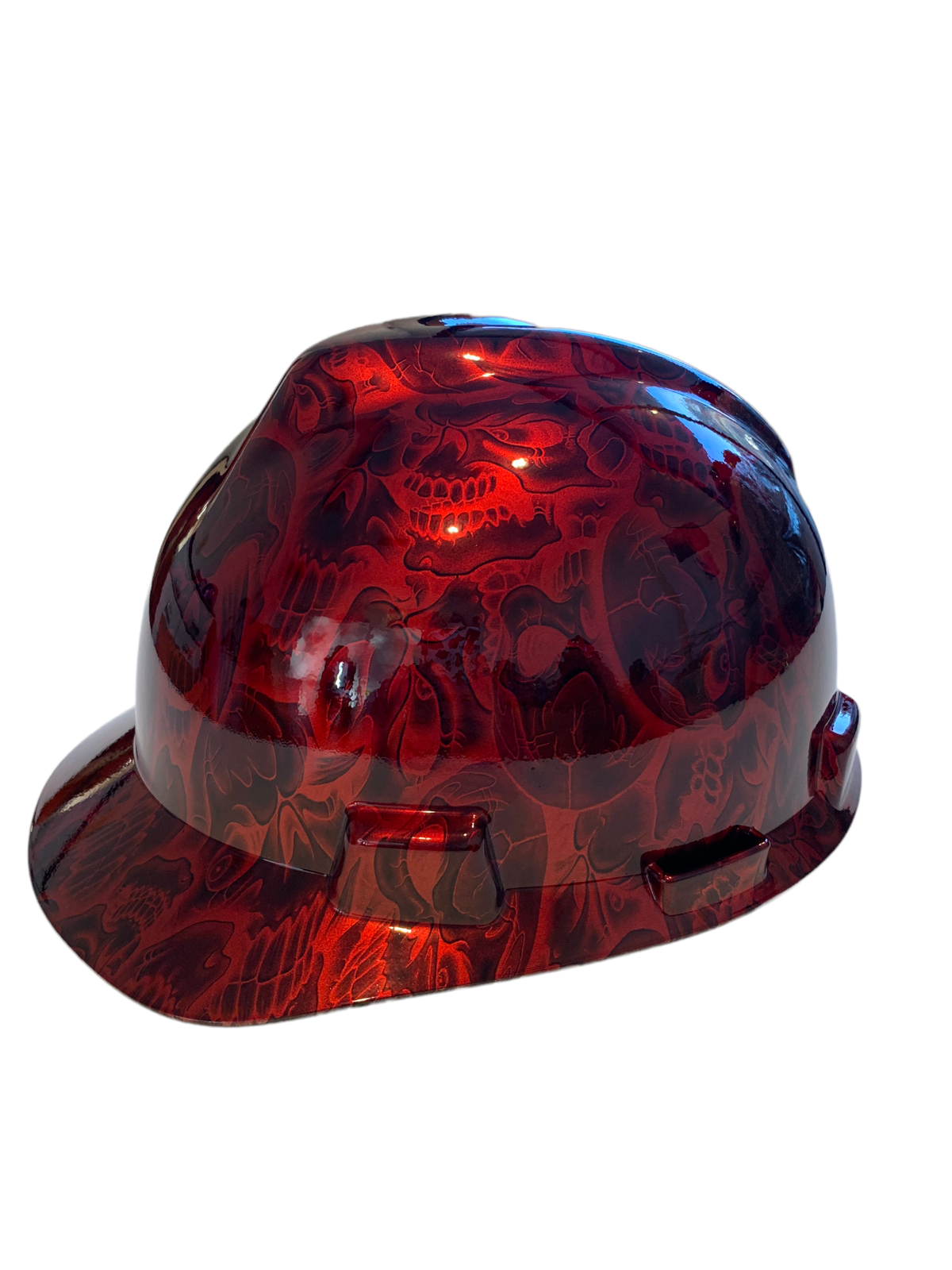 Hard Hat MSA Cap Style Custom Hydro Dipped Kandy Red Negative Insanity Skulls