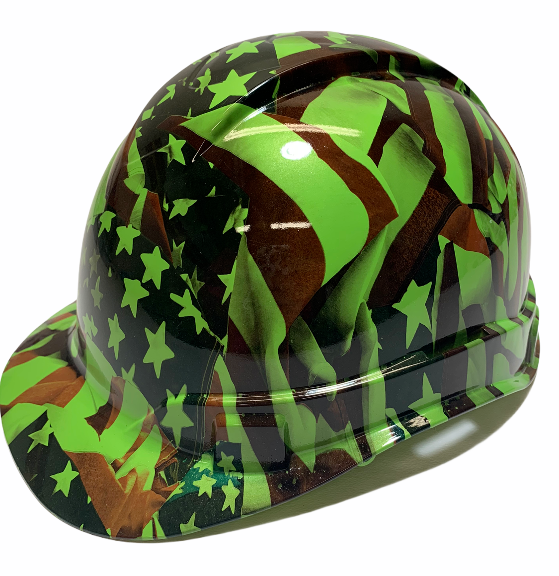 Custom Hydro Dipped Hard Hat Ridgeline Cap Style Green American Flags