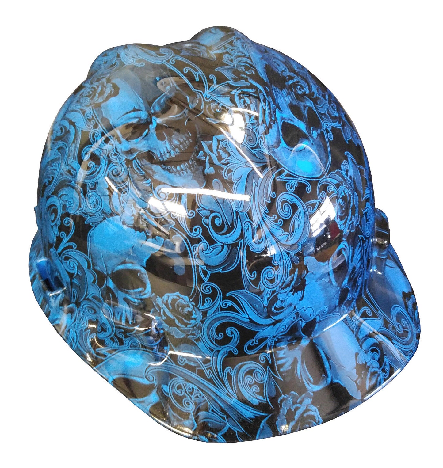 Hydro Dipped Hard Hat MSA Cap Style Blue Filigree Skulls