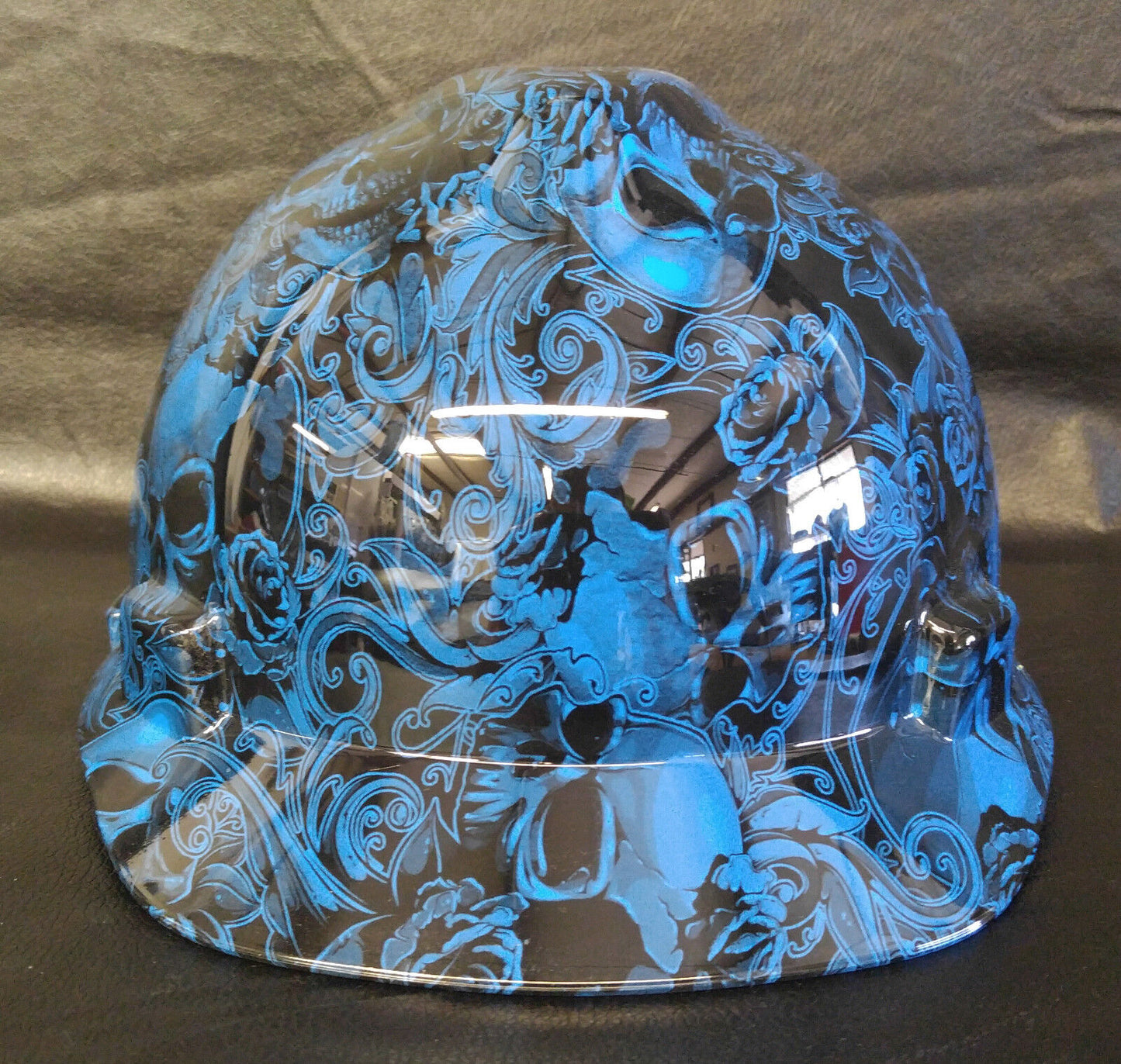 Hydro Dipped Hard Hat MSA Cap Style Blue Filigree Skulls