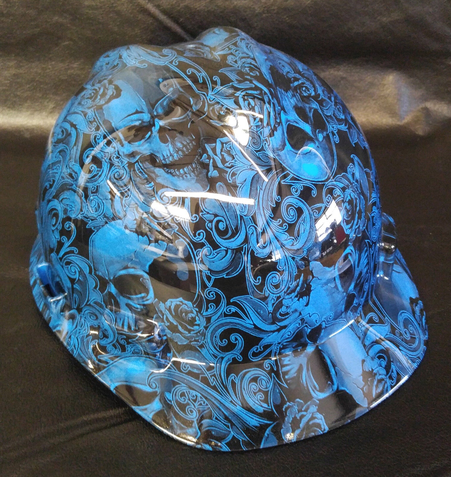 Hydro Dipped Hard Hat MSA Cap Style Blue Filigree Skulls