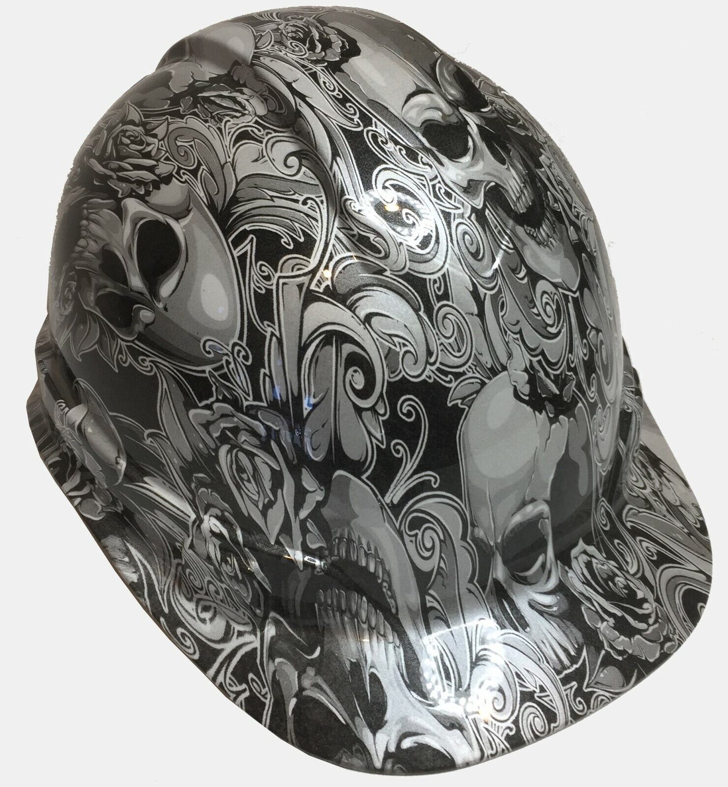 Hydro Dipped Custom Hard Hat Ridgeline Cap Style Pearl White Filigree Skulls