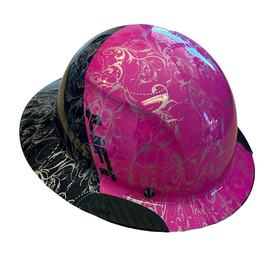 Black and Pink Lilies Lift DAX Fifty 50 Carbon Fiber Full Brim Hard Hat