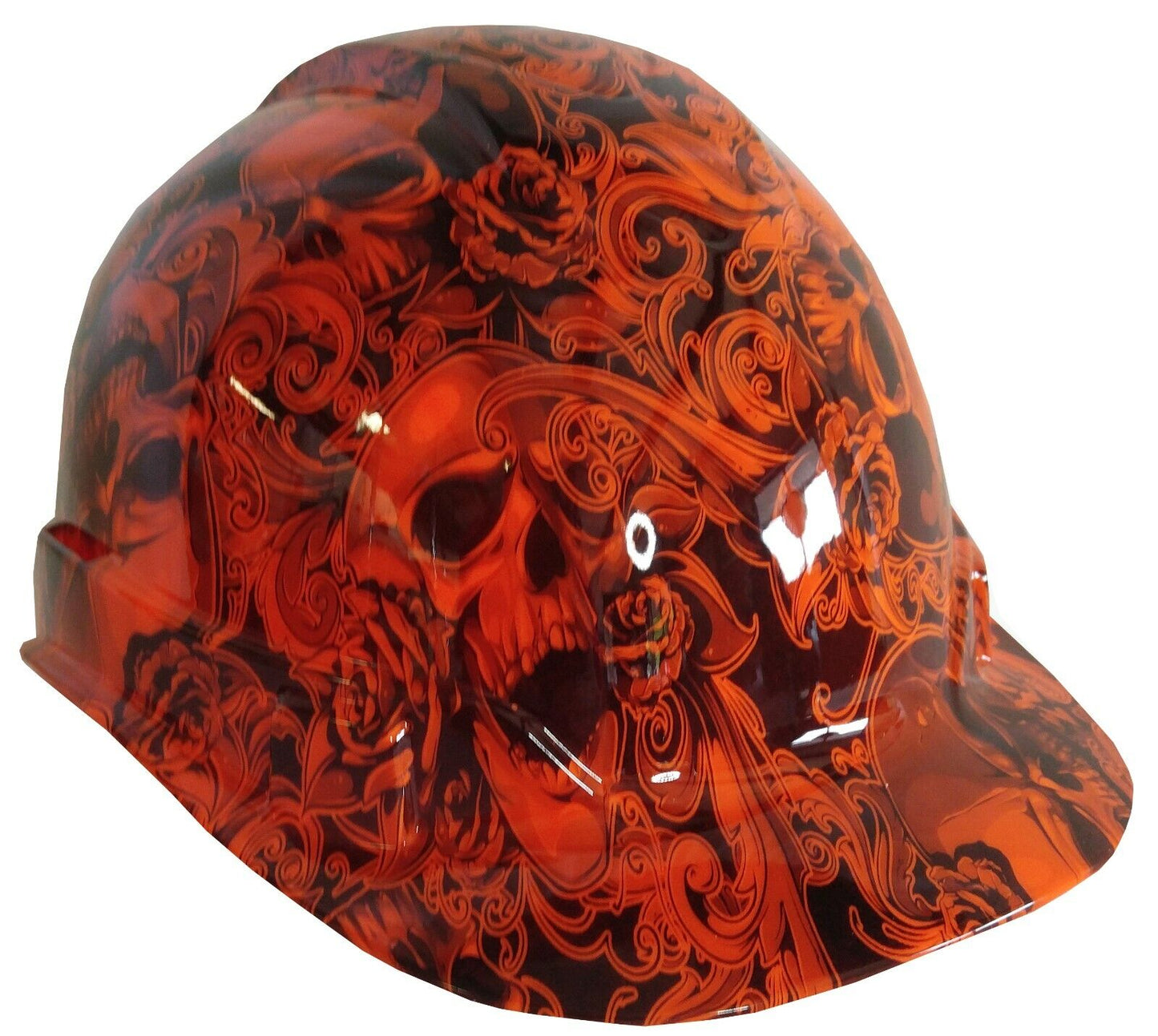 Hydro Dipped Hard Hat Ridgeline Cap Style Custom HiVis Orange Filigree Skulls