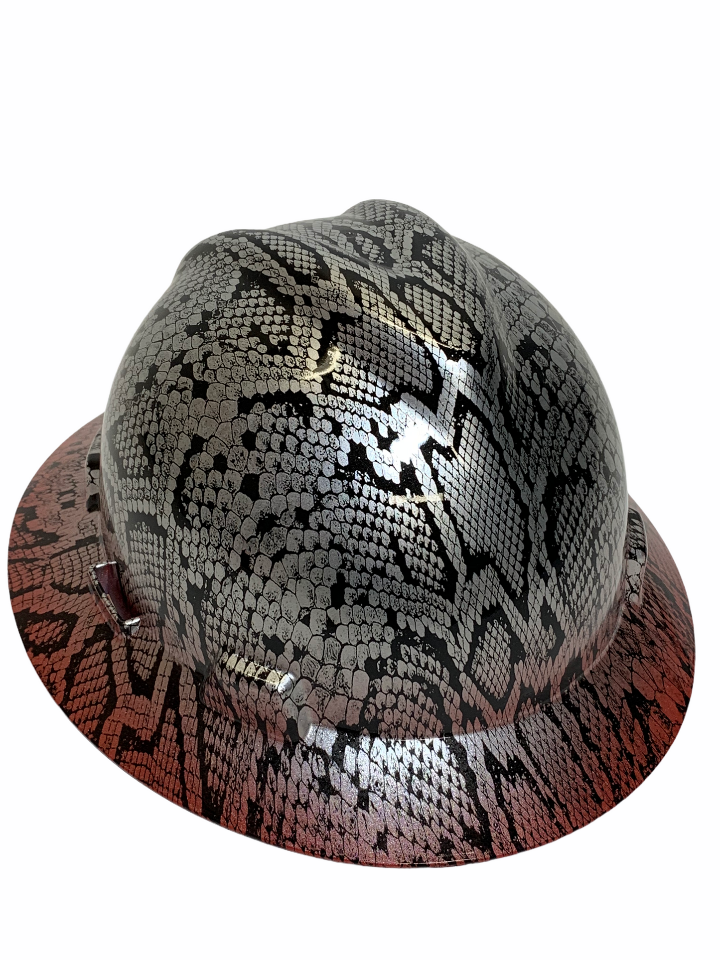 Custom Hydro Dipped Silver Metallic Snakeskin Over Red Brim Hard Hat MSA V-Gard  Full Brim