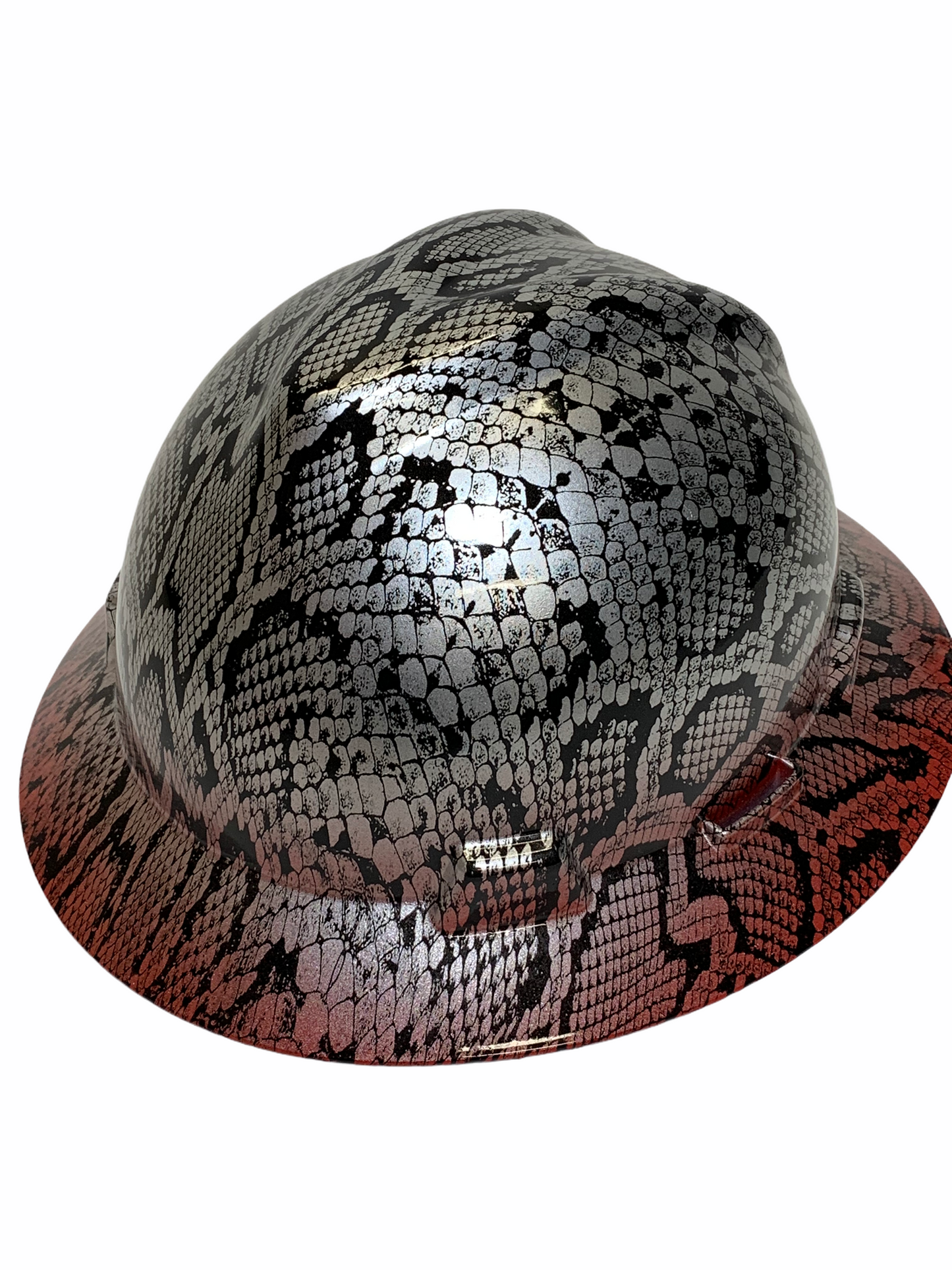 Custom Hydro Dipped Silver Metallic Snakeskin Over Red Brim Hard Hat MSA V-Gard  Full Brim