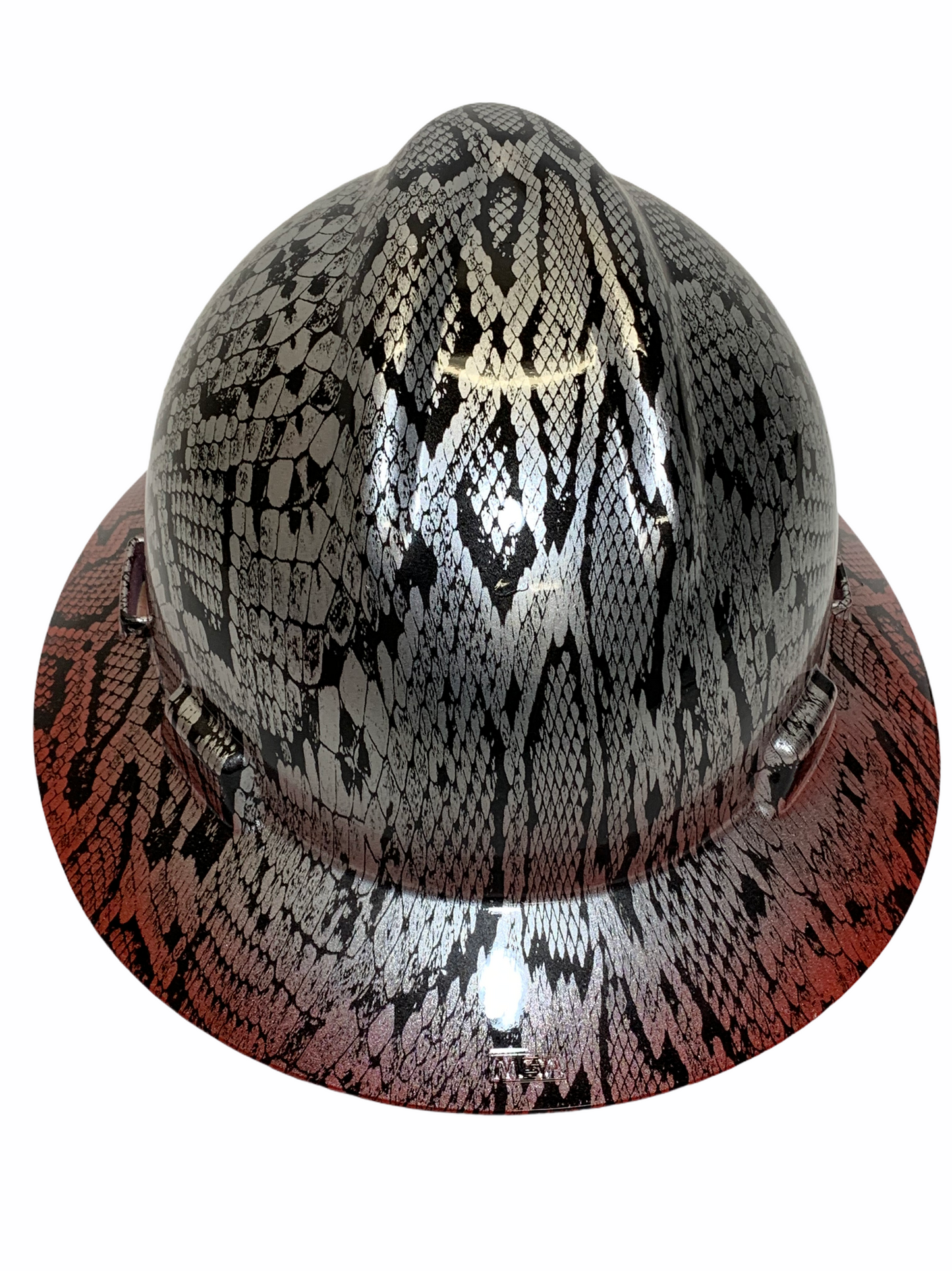 Custom Hydro Dipped Silver Metallic Snakeskin Over Red Brim Hard Hat MSA V-Gard  Full Brim