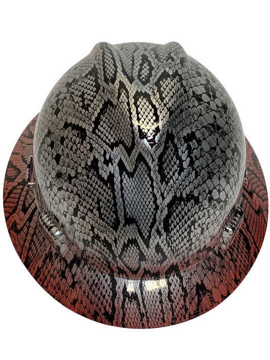 Custom Hydro Dipped Silver Metallic Snakeskin Over Red Brim Hard Hat MSA V-Gard  Full Brim