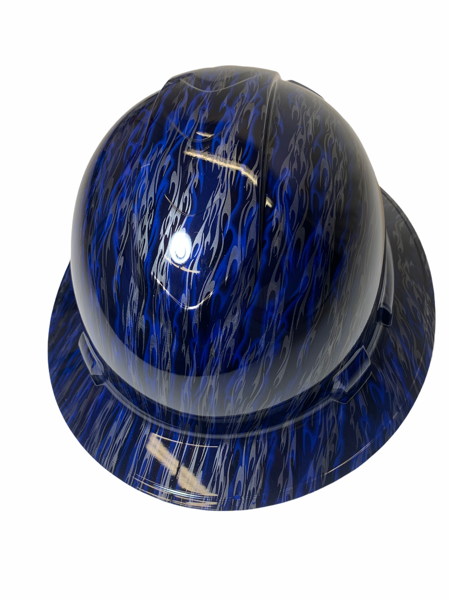 Hydro Dipped Hard Hat Ridgeline Full Brim Custom Blue and Silver Flames