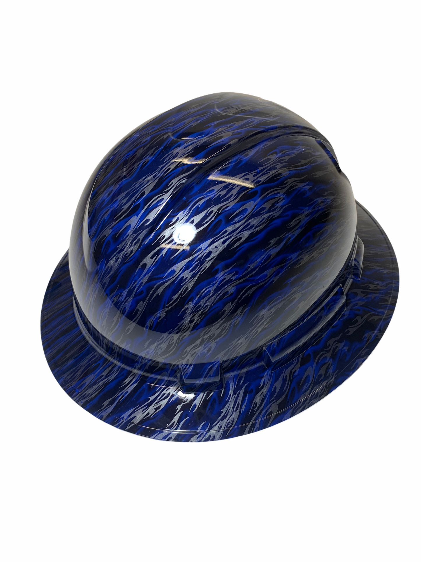 Hydro Dipped Hard Hat Ridgeline Full Brim Custom Blue and Silver Flames