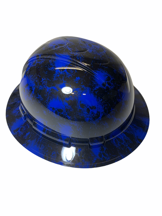 Hydro Dipped Hard Hat Ridgeline Full Brim Custom Dark Blue Flaming Skulls