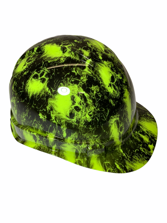 Hard Hat Ridgeline Cap Style Custom Hi Vis Green Small Flaming Skulls