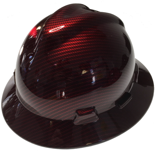 Custom Hard Hat Red Kandy Carbon Fiber Hydro Dipped MSA V-Gard Full Brim