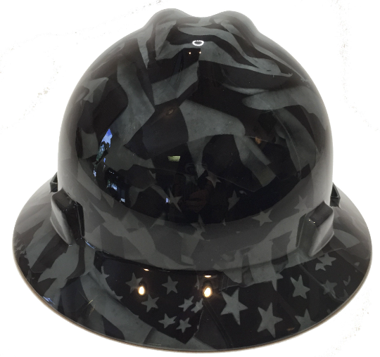 Hydro Dipped Hard Hat MSA V-Gard Full Brim Custom Gray Midnight American Flags