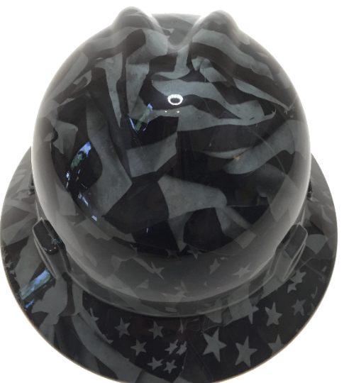 Hydro Dipped Hard Hat MSA V-Gard Full Brim Custom Gray Midnight American Flags