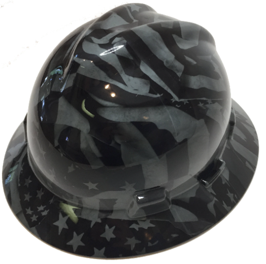 Hydro Dipped Hard Hat MSA V-Gard Full Brim Custom Gray Midnight American Flags