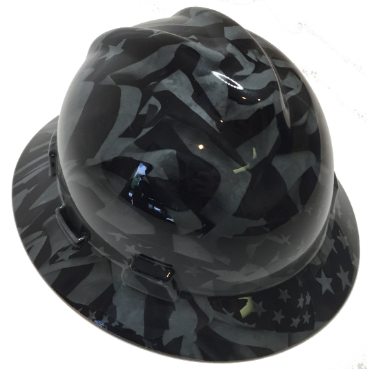 Hydro Dipped Hard Hat MSA V-Gard Full Brim Custom Gray Midnight American Flags