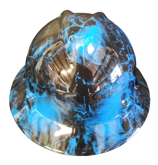 Custom Hard Hat MSA V-Gard Full Brim Blue Flaming Skulls