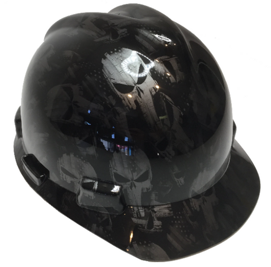 Custom Hard Hat Metallic Graphite Punisher American Flags MSA VGard Cap Style