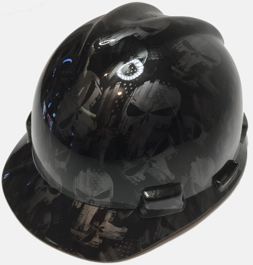 Custom Hard Hat Metallic Graphite Punisher American Flags MSA VGard Cap Style