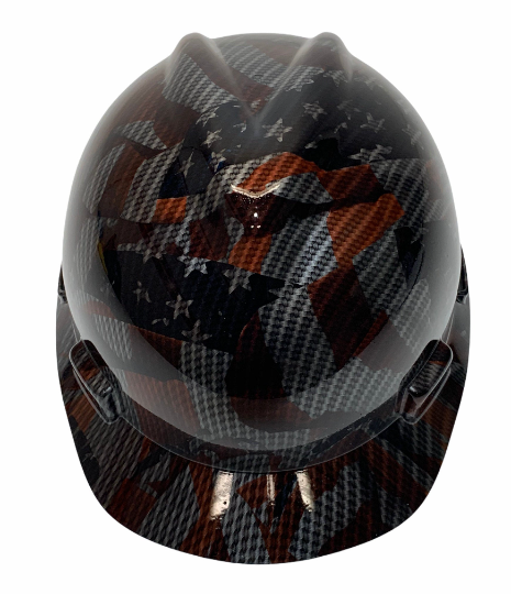 Custom Hard Hat Carbon Fiber American Flags Hydro Dipped MSA V-Gard Cap Style