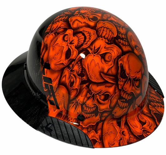 Custom Hydro Dipped Black and Orange Insanity Skulls Lift DAX Fifty 50 Carbon Fiber HDF50C-19OC  Full Brim Hard Hat