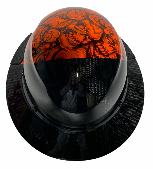 Custom Hydro Dipped Black and Orange Insanity Skulls Lift DAX Fifty 50 Carbon Fiber HDF50C-19OC  Full Brim Hard Hat