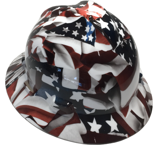 Custom Hydro Dipped American Flag Hard Hat MSA V-Gard Full Brim