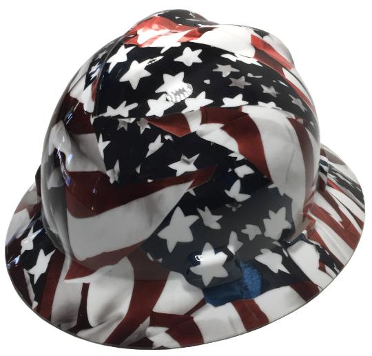 Custom Hydro Dipped American Flag Hard Hat MSA V-Gard Full Brim