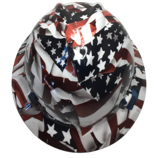 Custom Hydro Dipped American Flag Hard Hat MSA V-Gard Full Brim