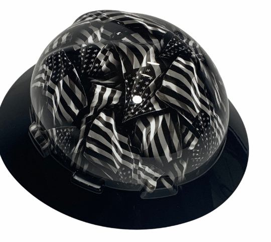 Custom Hard Hat Hydro Dipped Negative Flags with Black Brim MSA V-Gard Full Brim