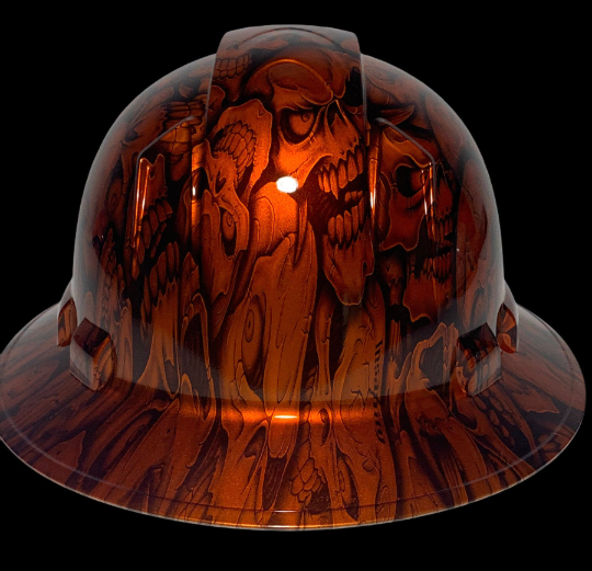 Custom Hydro Dipped Hard Hat Ridgeline Full Brim Orange Kandy Insanity Skulls