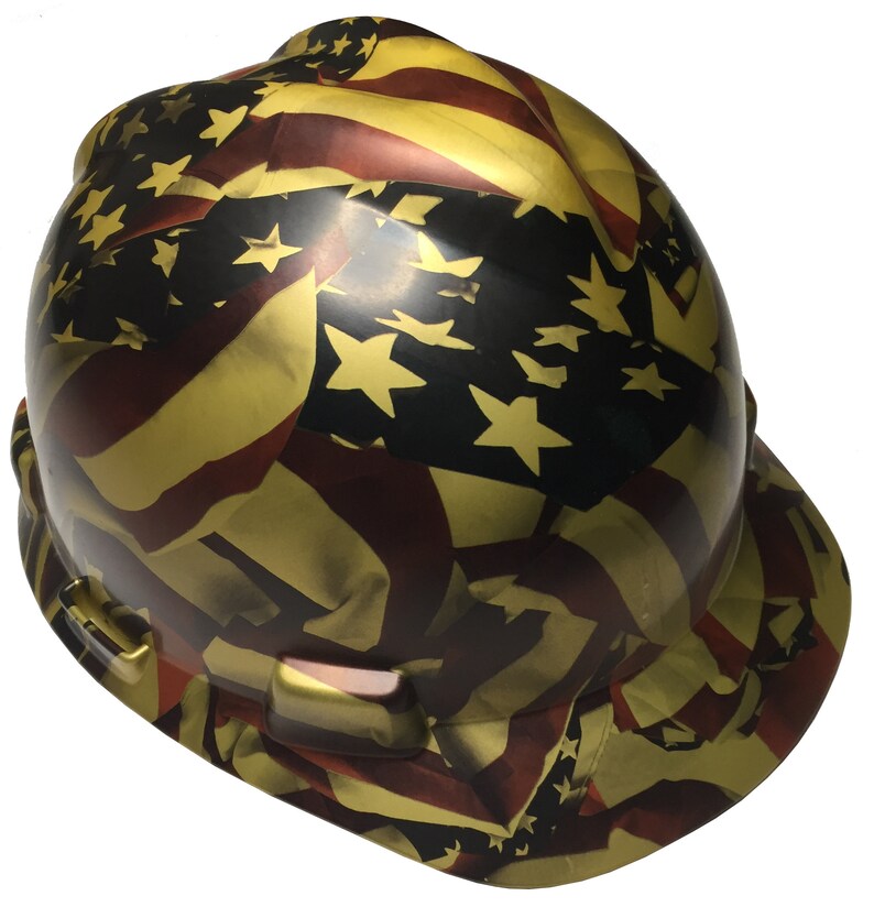 Custom Hard Hat Metallic Gold American Flag MSA VGard Cap Style