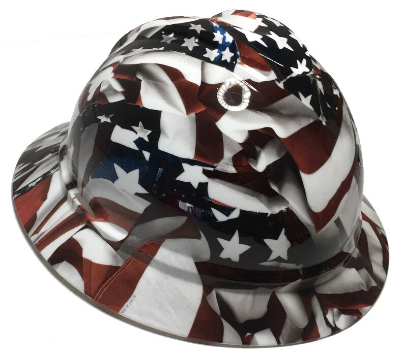 Custom Hard Hat American Flag MSA 500 Series V-Gard Full Brim 6 Point Harness