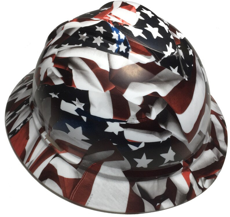 Custom Hard Hat American Flag MSA 500 Series V-Gard Full Brim 6 Point Harness