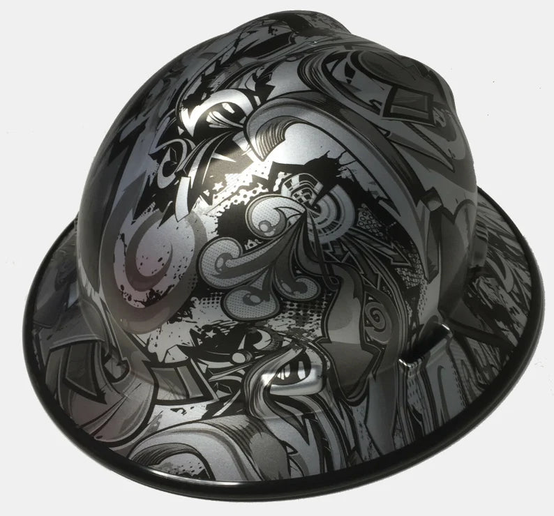 Custom Hard Hat MSA V-Gard Full Brim Silver Metallic Graffiti