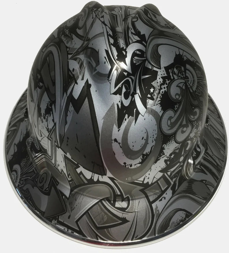 Custom Hard Hat MSA V-Gard Full Brim Silver Metallic Graffiti